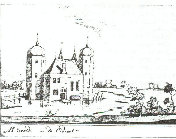 Een tekening van de voormalige borg met twee torens door Stellingwerf.